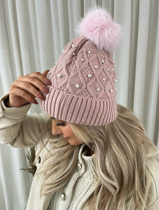Pom Pom Knitted Winter Hat With Pearl Decor - Black River UK