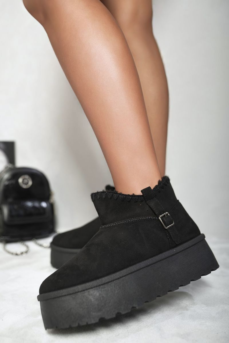 Fur-lined Platform Ankle Boots - Black River UK