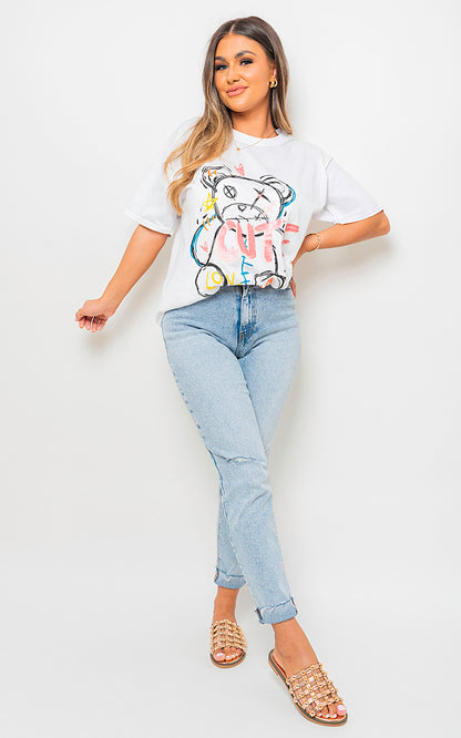 Cute Teddy Graphic Glitter Detail T-Shirt - Black River UK
