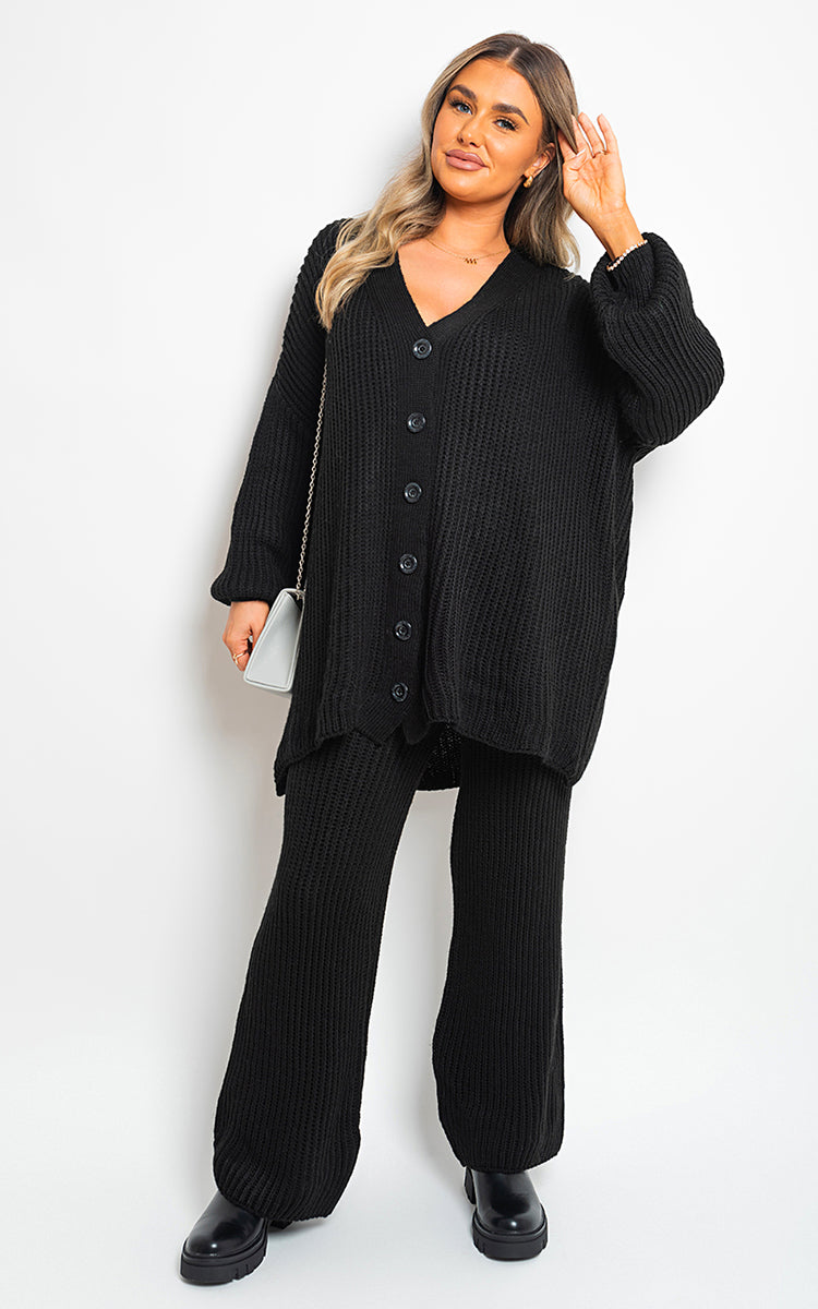 Chunky Knitted Button Up Cardigan Wide Leg Trousers Co-ord Set - Black River UK