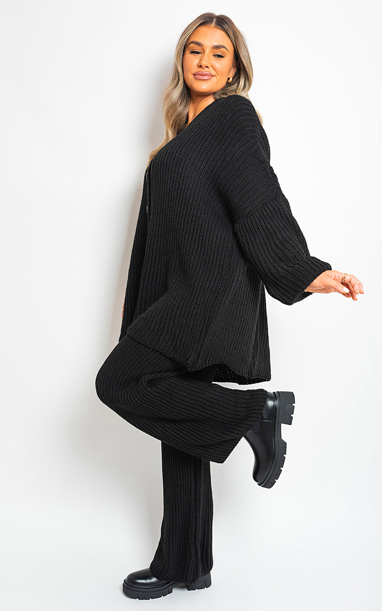 Chunky Knitted Button Up Cardigan Wide Leg Trousers Co-ord Set - Black River UK