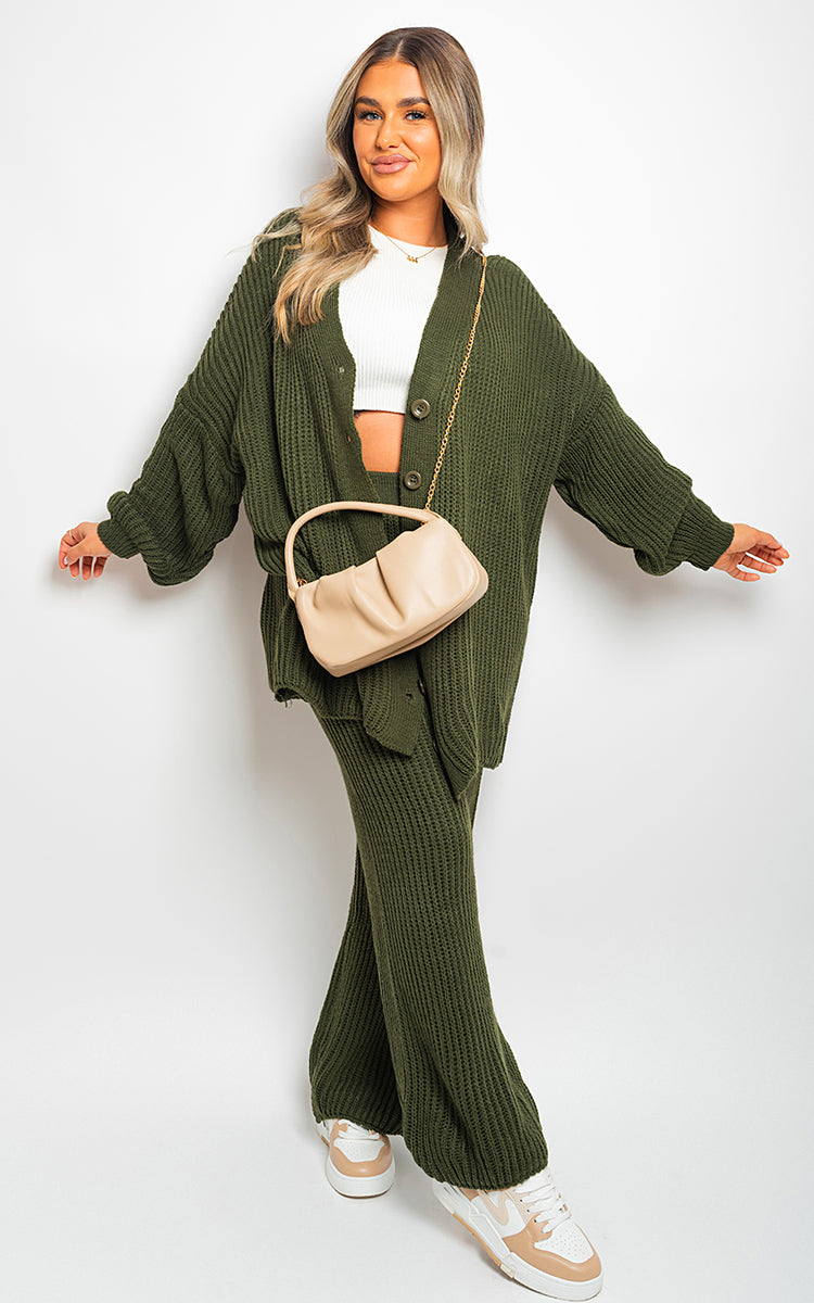 Chunky Knitted Button Up Cardigan Wide Leg Trousers Co-ord Set - Black River UK