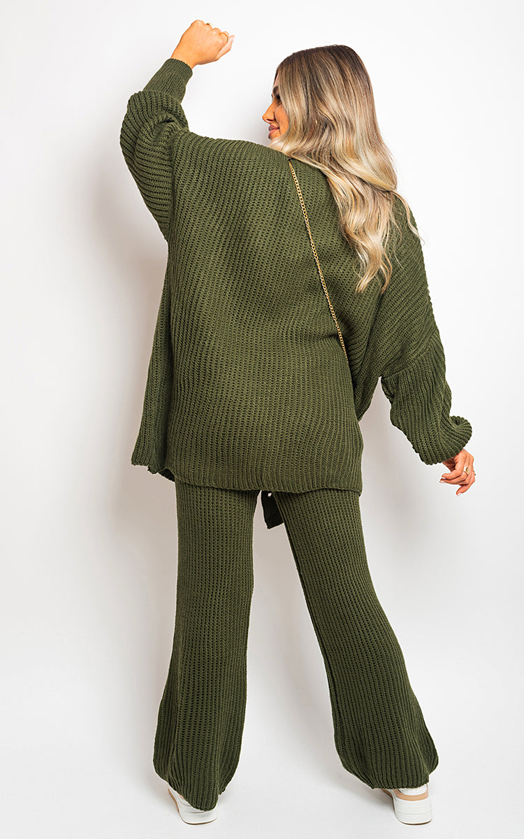 Chunky Knitted Button Up Cardigan Wide Leg Trousers Co-ord Set - Black River UK