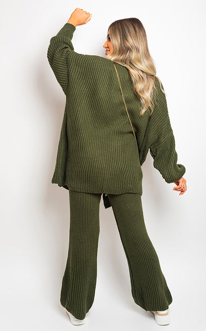 Chunky Knitted Button Up Cardigan Wide Leg Trousers Co-ord Set - Black River UK