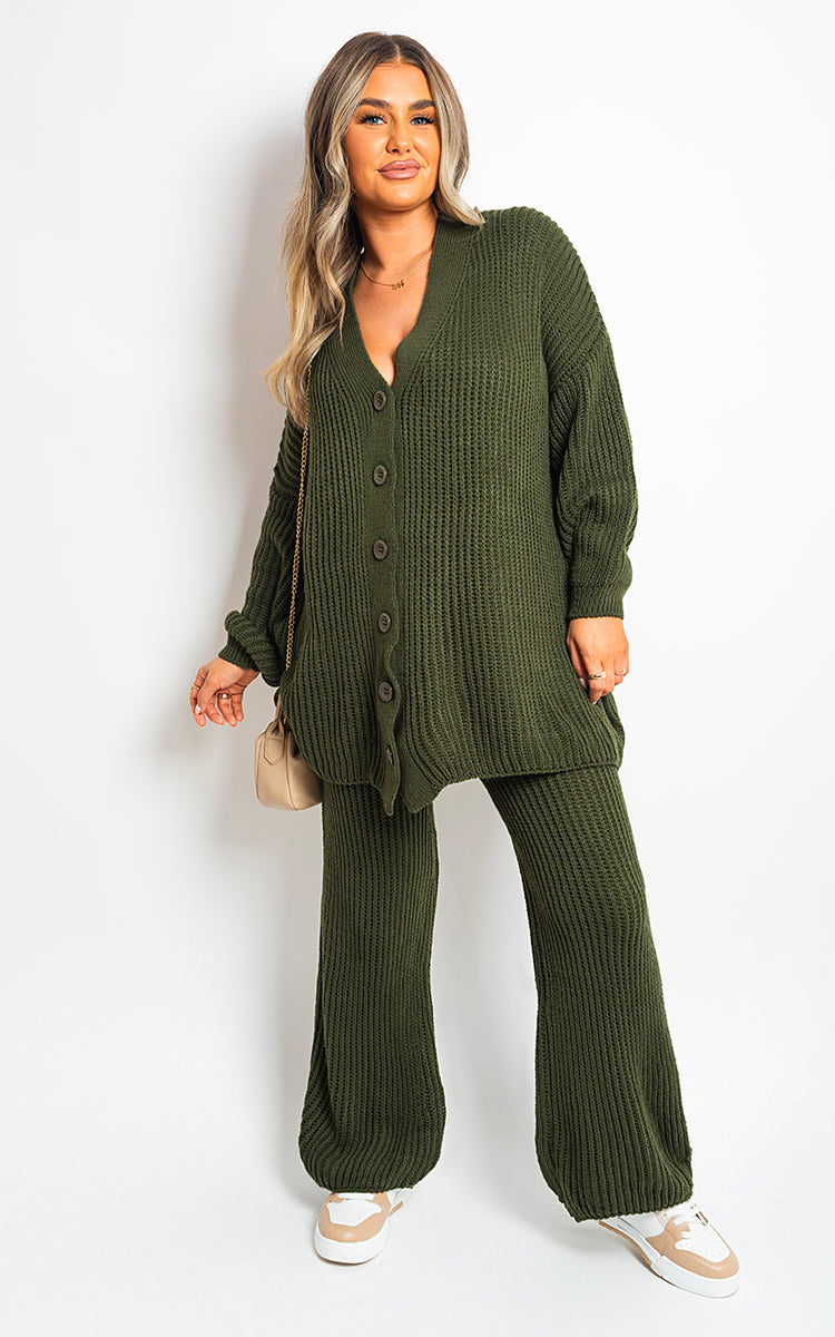 Chunky Knitted Button Up Cardigan Wide Leg Trousers Co-ord Set - Black River UK
