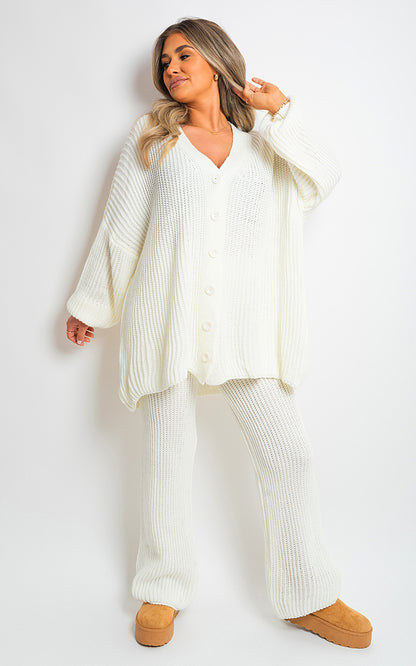 Chunky Knitted Button Up Cardigan Wide Leg Trousers Co-ord Set - Black River UK