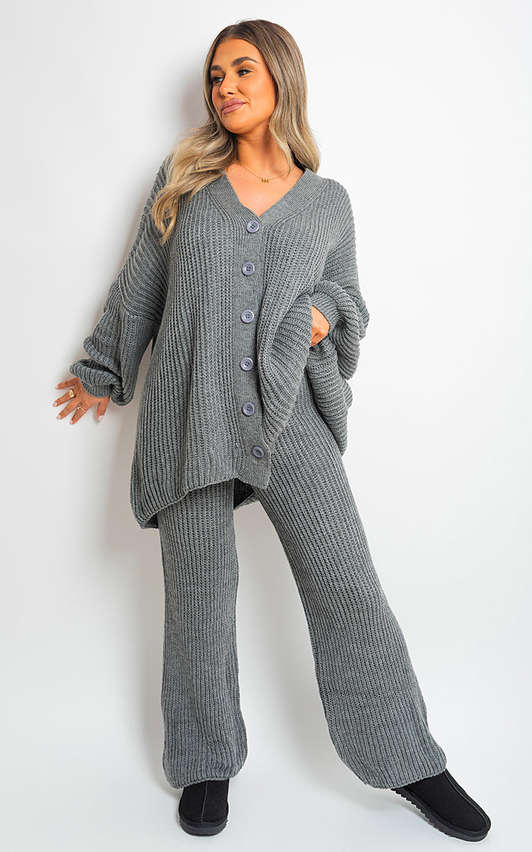 Chunky Knitted Button Up Cardigan Wide Leg Trousers Co-ord Set - Black River UK