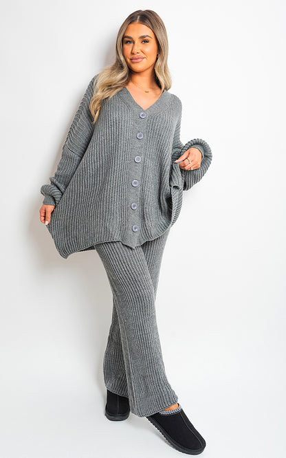 Chunky Knitted Button Up Cardigan Wide Leg Trousers Co-ord Set - Black River UK