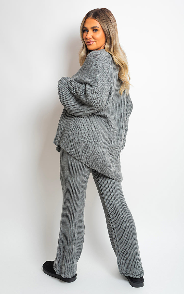 Chunky Knitted Button Up Cardigan Wide Leg Trousers Co-ord Set - Black River UK