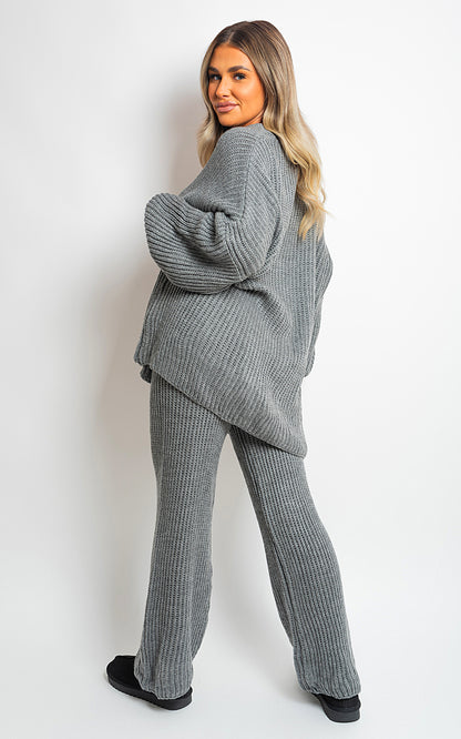 Chunky Knitted Button Up Cardigan Wide Leg Trousers Co-ord Set - Black River UK