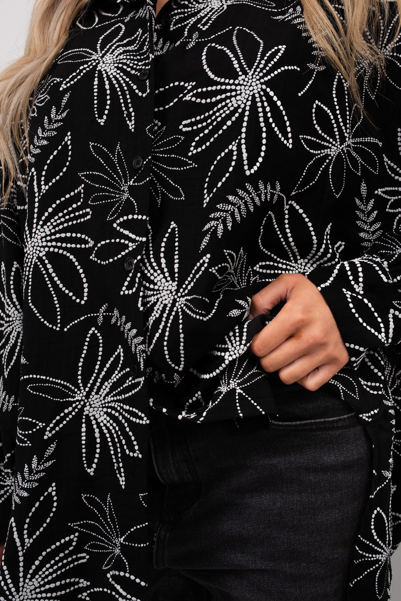 Floral Print Oversized Long Sleeve Button Down Top - Black River UK