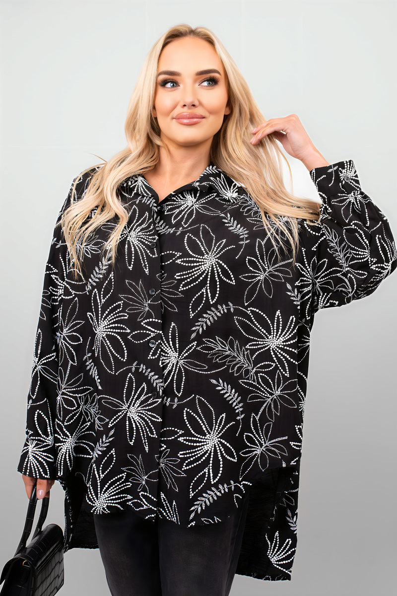 Floral Print Oversized Long Sleeve Button Down Top - Black River UK