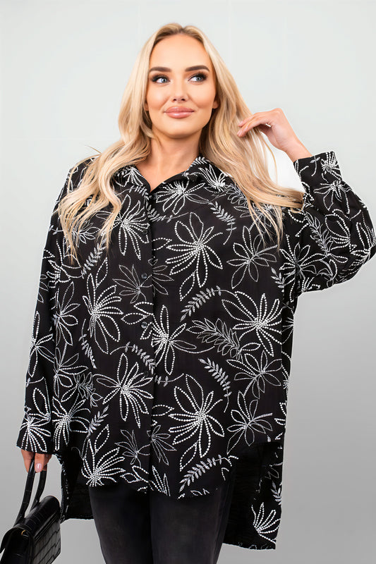 Floral Print Oversized Long Sleeve Button Down Top - Black River UK