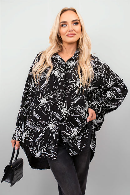 Floral Print Oversized Long Sleeve Button Down Top - Black River UK