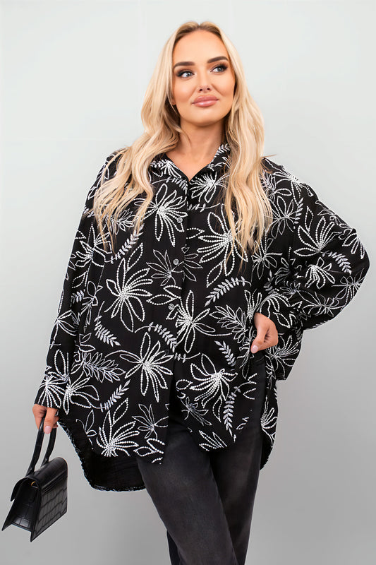 Floral Print Oversized Long Sleeve Button Down Top - Black River UK