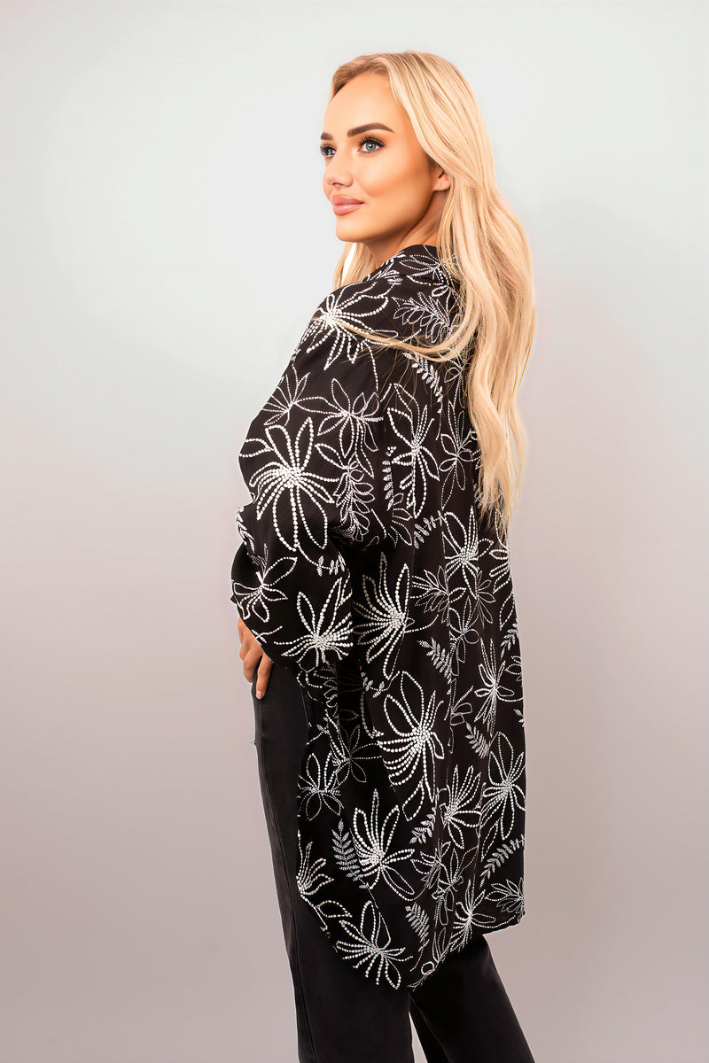 Floral Print Oversized Long Sleeve Button Down Top - Black River UK