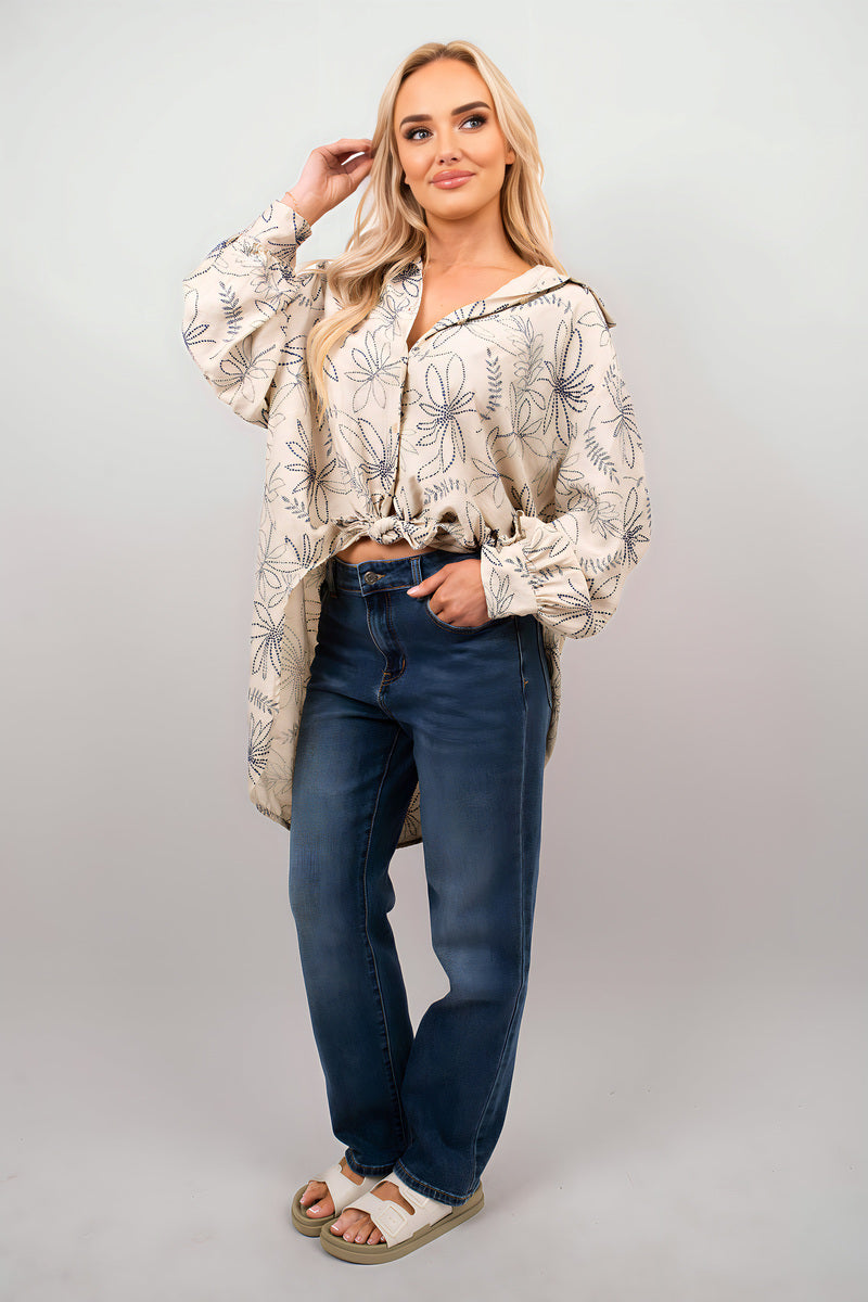 Floral Print Oversized Long Sleeve Button Down Top - Black River UK