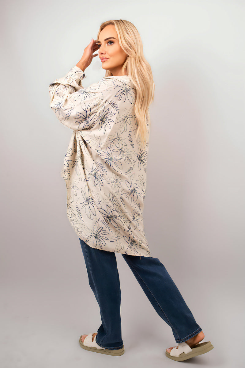 Floral Print Oversized Long Sleeve Button Down Top - Black River UK