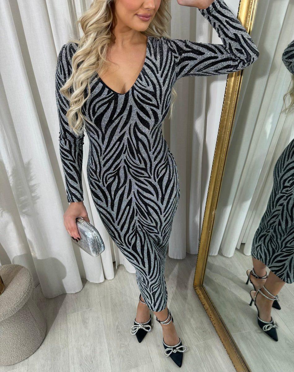 Printed V-Neck Long Sleeve Glitter Midi Dress - Black River UK