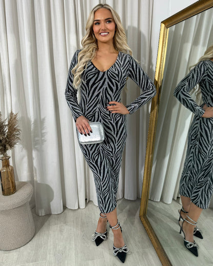 Printed V-Neck Long Sleeve Glitter Midi Dress - Black River UK