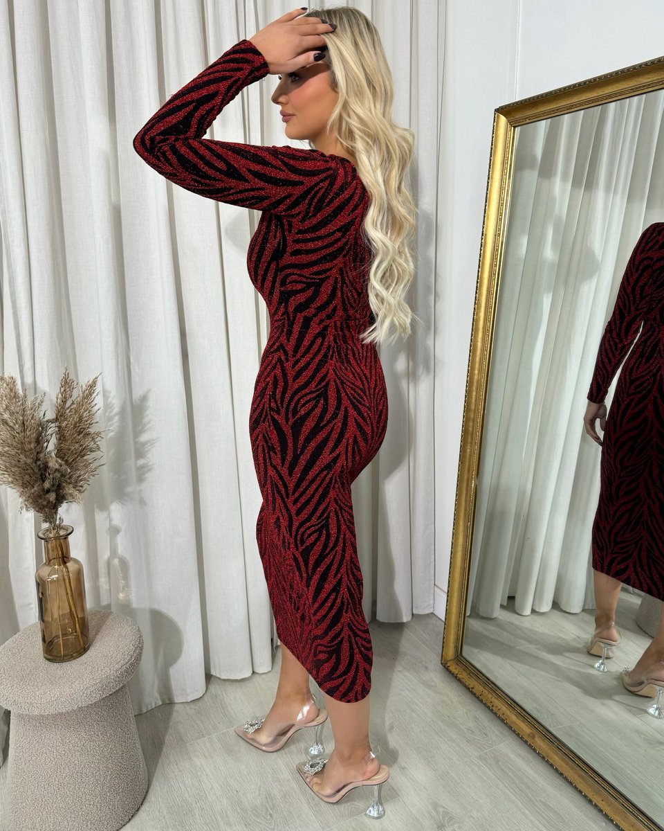 Printed V-Neck Long Sleeve Glitter Midi Dress - Black River UK