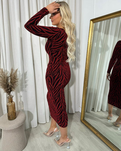 Printed V-Neck Long Sleeve Glitter Midi Dress - Black River UK