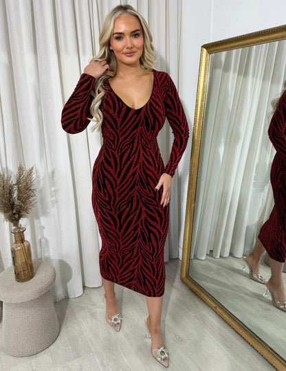 Printed V-Neck Long Sleeve Glitter Midi Dress - Black River UK