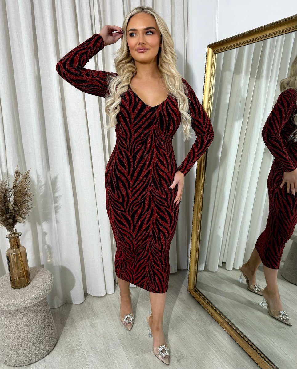 Printed V-Neck Long Sleeve Glitter Midi Dress - Black River UK