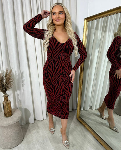 Printed V-Neck Long Sleeve Glitter Midi Dress - Black River UK