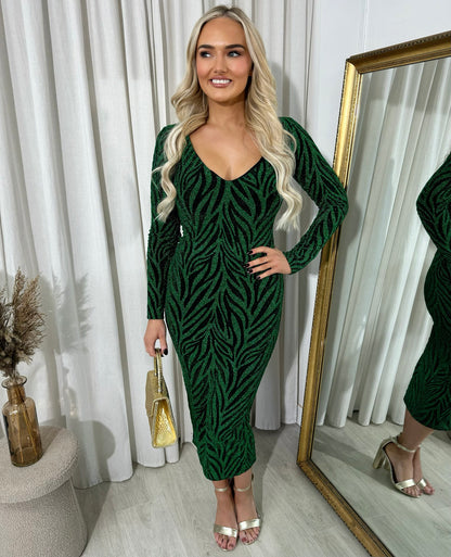 Printed V-Neck Long Sleeve Glitter Midi Dress - Black River UK