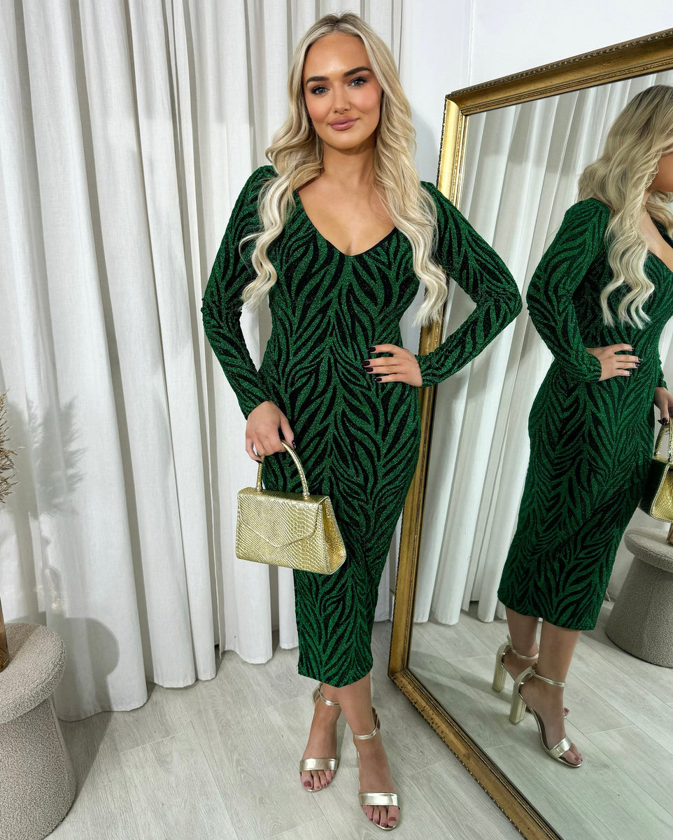 Printed V-Neck Long Sleeve Glitter Midi Dress - Black River UK