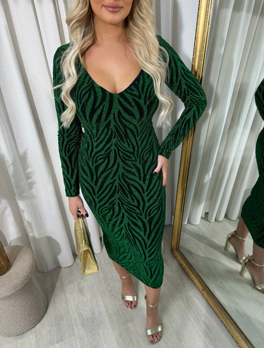 Printed V-Neck Long Sleeve Glitter Midi Dress - Black River UK