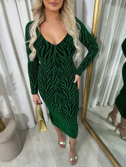 Printed V-Neck Long Sleeve Glitter Midi Dress - Black River UK