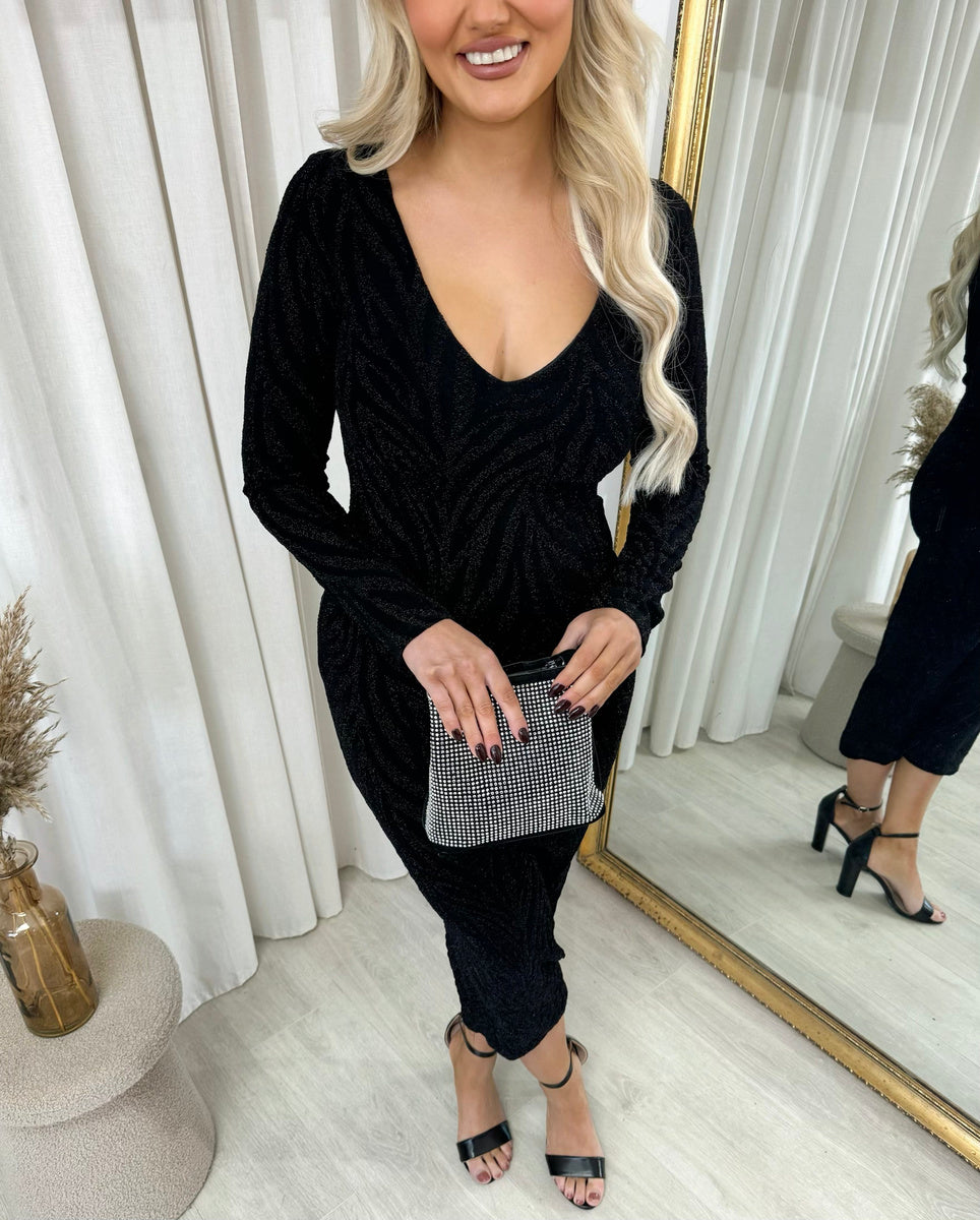 Printed V-Neck Long Sleeve Glitter Midi Dress - Black River UK