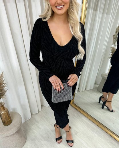 Printed V-Neck Long Sleeve Glitter Midi Dress - Black River UK