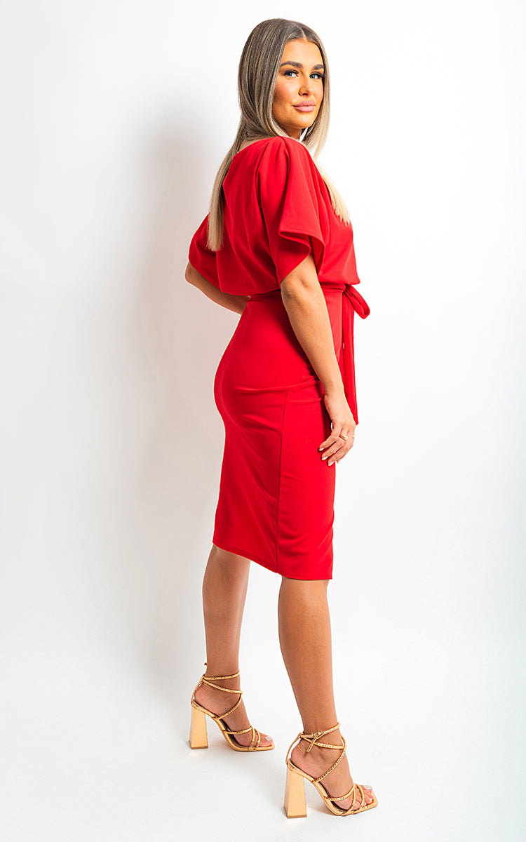 Belted Wrap Front Kimono Sleeve Midi Dress - Black River UK