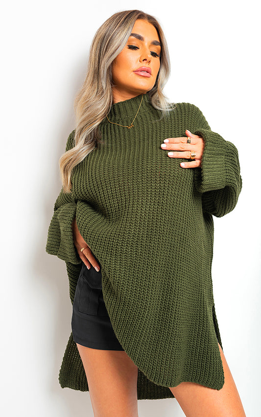 High Neck Oversized Long Sleeve Knitted Jumper - Black River UK