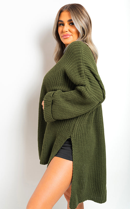 High Neck Oversized Long Sleeve Knitted Jumper - Black River UK