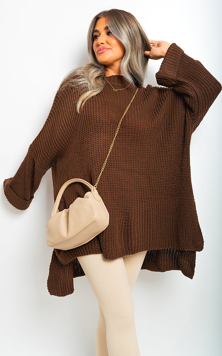 High Neck Oversized Long Sleeve Knitted Jumper - Black River UK