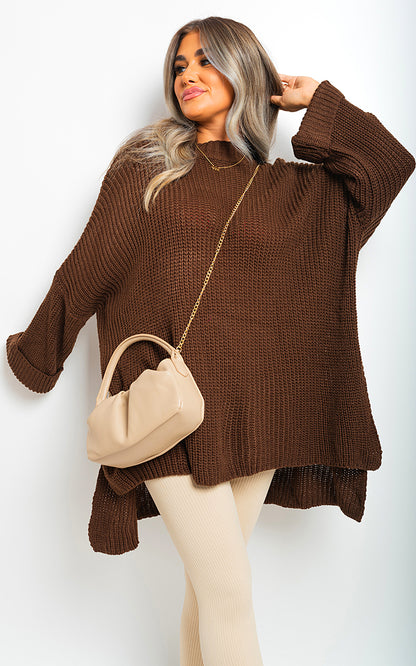 High Neck Oversized Long Sleeve Knitted Jumper - Black River UK