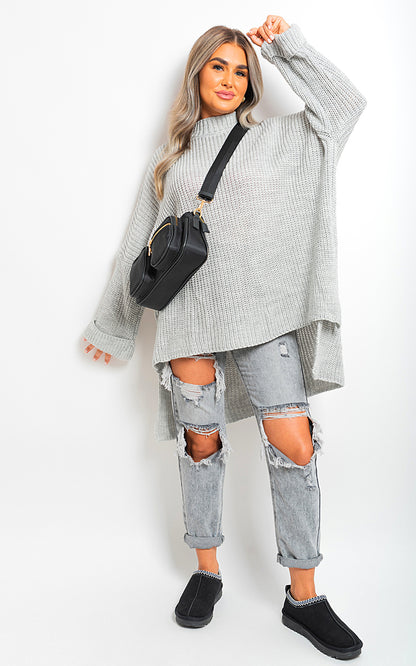High Neck Oversized Long Sleeve Knitted Jumper - Black River UK
