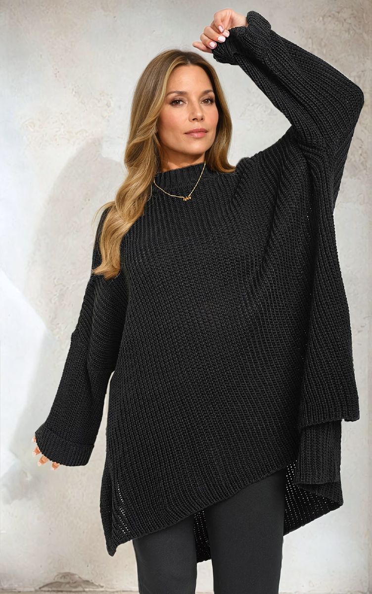 High Neck Oversized Long Sleeve Knitted Jumper - Black River UK