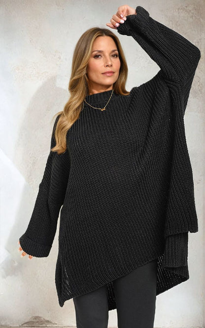 High Neck Oversized Long Sleeve Knitted Jumper - Black River UK