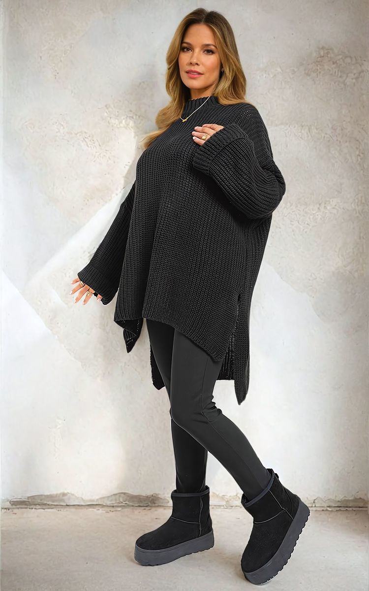 High Neck Oversized Long Sleeve Knitted Jumper - Black River UK