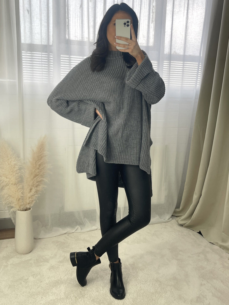 High Neck Oversized Long Sleeve Knitted Jumper - Black River UK