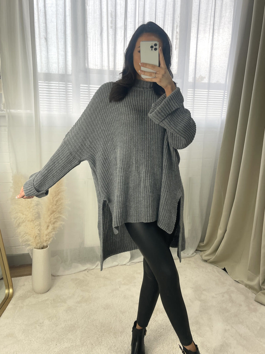 High Neck Oversized Long Sleeve Knitted Jumper - Black River UK