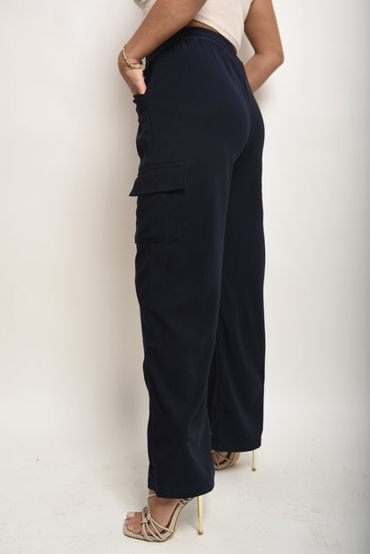 Wide Leg Drawstring Waist Flap Pocket Trouser - Black River UK