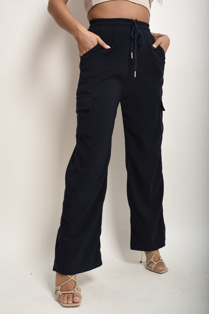 Wide Leg Drawstring Waist Flap Pocket Trouser - Black River UK