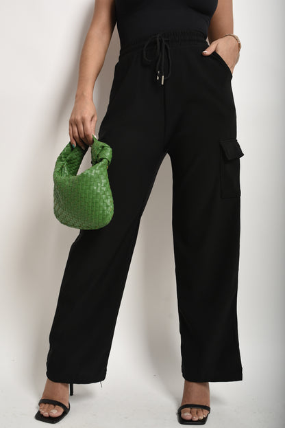 Wide Leg Drawstring Waist Flap Pocket Trouser - Black River UK