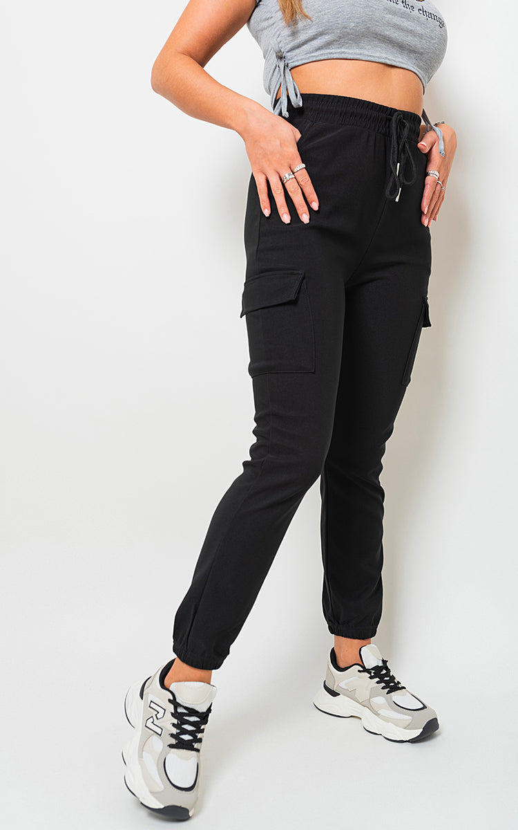 Fleece Lined Cargo Pocket Trouser with Drawstring - Black River UK